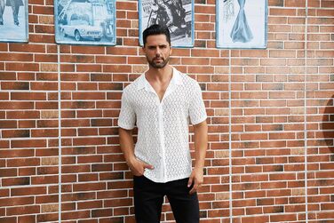 Чоловіча мереживна сорочка з короткими рукавами ABEHIK для рейв-вечірок та клубів (біла, S)