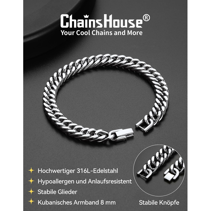 Чоловічий сталевий браслет-ланцюг Panzer від ChainsHouse, сріблястий, ширина 8 мм, довжина 23 см — стильний аксесуар у подарунковій коробці