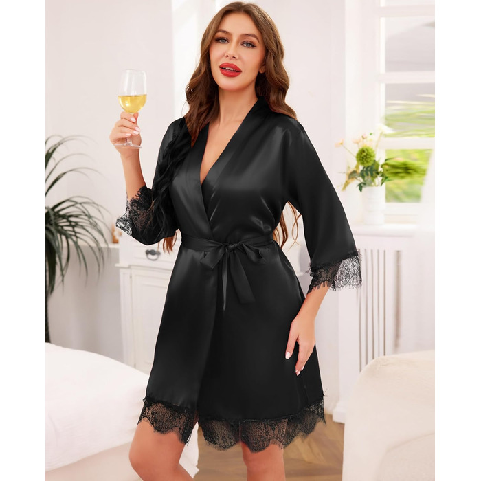 Кимоно жіноче коротке з мереживом Ovasy Satin Bademante, чорний, розмір L