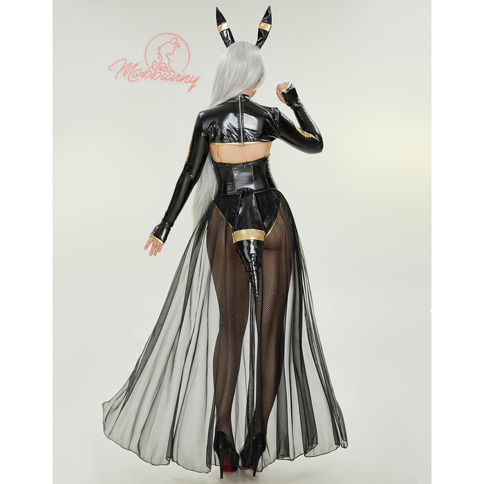 Костюм для косплею Mobbunny: чорний боді з PU-шкіри, фігурна спідниця з шифону, пов'язка, великий хвіст