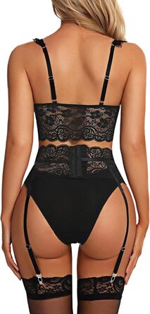 ЕVELIFE Комплект нижньої білизни для жінок: бюстгальтер та труси (3 шт.) - мереживний комплект, висока талія, стрінги, чорний, розмір 46