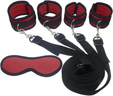 Набір для БДСМ з обмеженням: набір для пар, з кріпленнями для ліжка, наручниками, пов'язкою на очі. Червоний колір