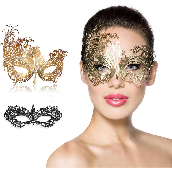 Маска для обличчя MYMENU для пар, жінок, металева, з стразами, венеціанська, для вечірок, весілля, балу (Золотий Фенікс + Чорне мереживо)