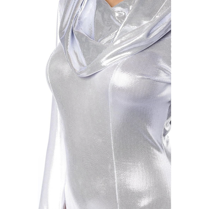 Сексуальна жіноча білизна Wetlook: комплект з капюшоного боді-комбінезону та мереживних гетрів, сріблястого кольору, з металевого матеріалу, з довгими рукавами, розмір M