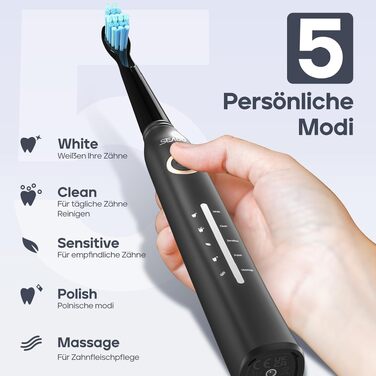 Електрична сонічна зубна щітка Seago SG-958, 40000 VPM, 5 режимів роботи, USB-зарядка, 8 змінних насадок, чорна