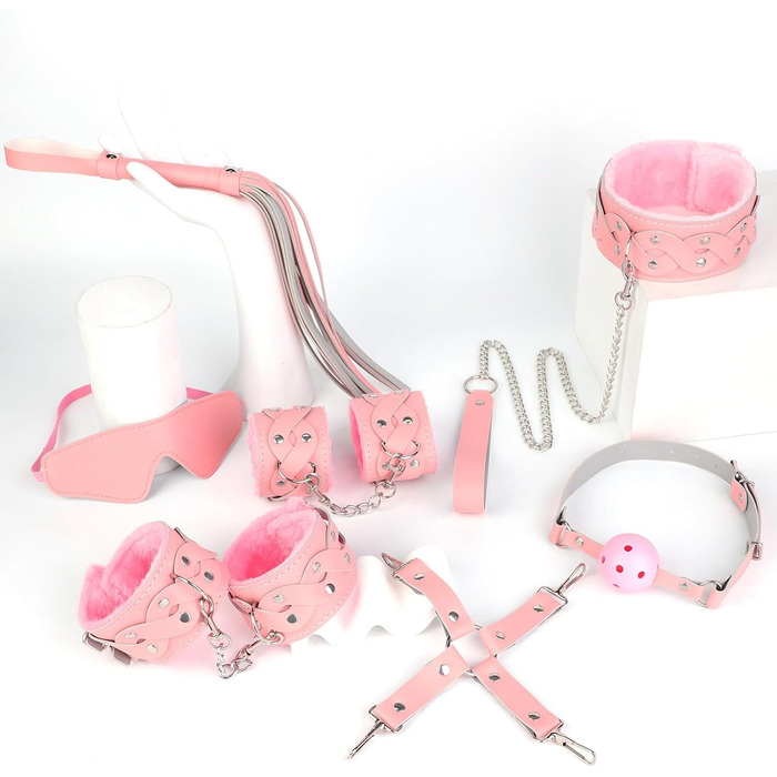 Набір для БДСМ для пар (7 предметів): плюшеві наручники, пов'язка на очі, батіг, пристосування для фіксації рота, іграшки для дорослих (рожевий)