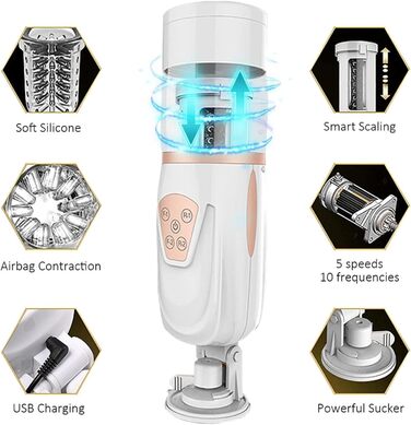 Автоматичний статевий аксесуар для самостійних задоволень з 10 телескопічними режимами та 5 швидкостями. Стимулятор з 3D силіконовою вагіною та пенісом.