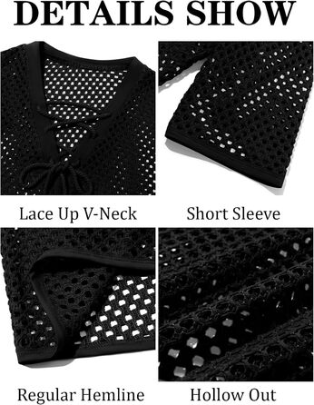 Чоловіча літня сорочка Runcati, шнурівка, V-подібний виріз, напіврукав, в'язана, мереживна, прозора, чорна, розмір L