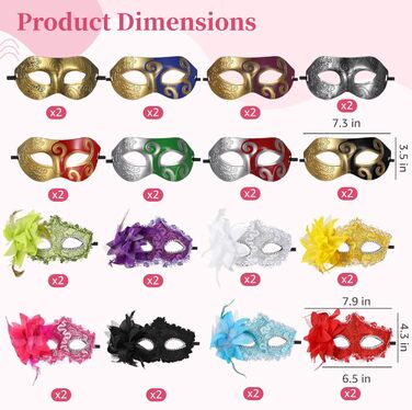 Маски для обличчя для пар з пір'ям та стразами, напівмаска, стрічки для свят та вечірок, 32 шт.