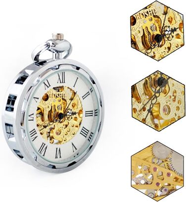 Чоловічий кишеньковий механічний годинник BOSHIYA Vintage Steampunk: скелетон, ручний завод, з підсвіткою та ланцюжком (Сріблястий)