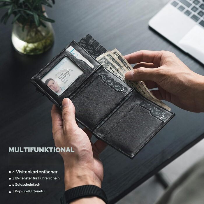 Шкіряний чоловічий картхолдер VULKIT з Pop-up механізмом, RFID-захистом, відділенням для купюр та вікном для ID (натуральна шкіра, чорний)