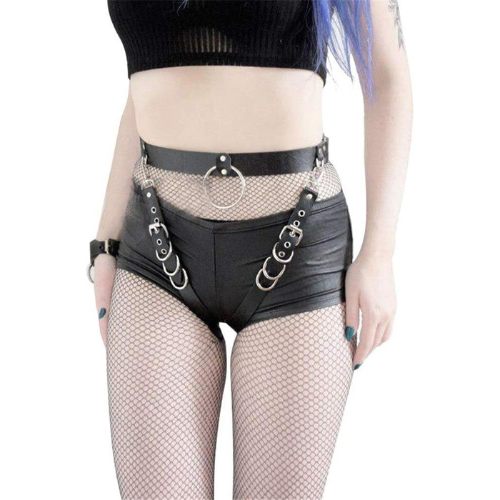 Жіноча тілоланцюжок з PU шкіри, регульований пояс, набір для ніг, кільце на стегнах, стильний ремінь, тісний пояс, тілоланцюжок, тісний пояс, ланцюжок для талії (чорний, універсальний розмір)