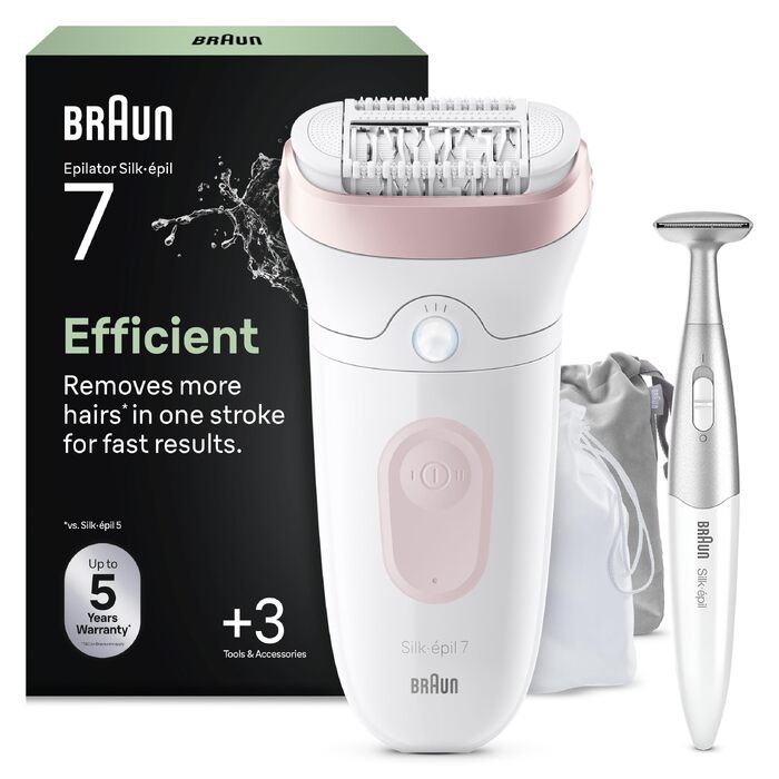 Епілятор Braun Silk-épil 7-011 для жінок, сріблястий: для вологого та сухого використання, водонепроникний, з бритвою, тримером для бікіні та чохлом