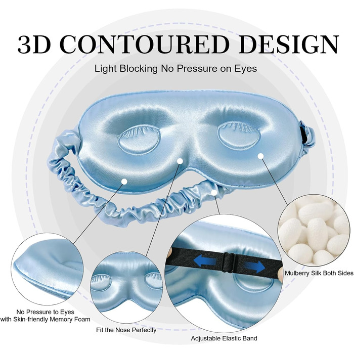 Маска для сну ZIMASILK з натурального шовку малбери 22 мом, 3D анатомічна з нульовим тиском для довгих вій та нарощених вій, небесно-блакитна