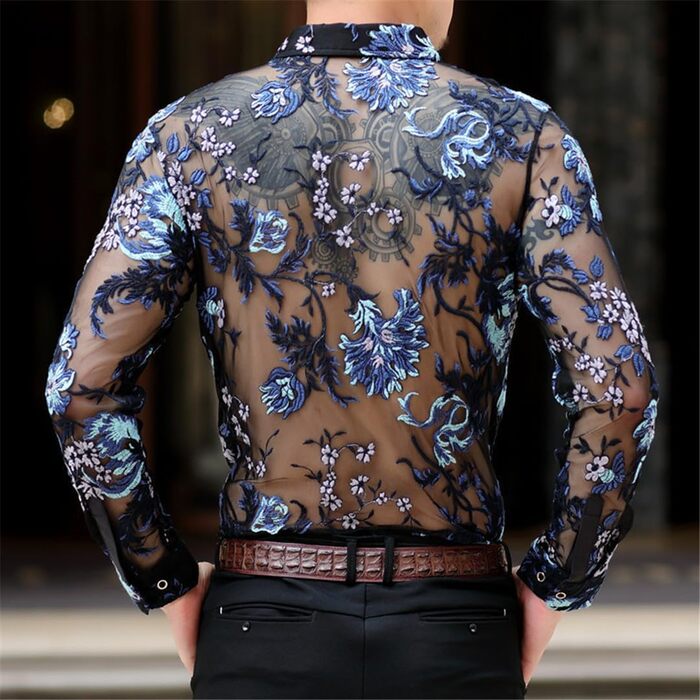 Прозора сорочка для чоловіків Yeuyyben з мереживом та квітковим принтом, блакитна, EU M (72-77 кг)