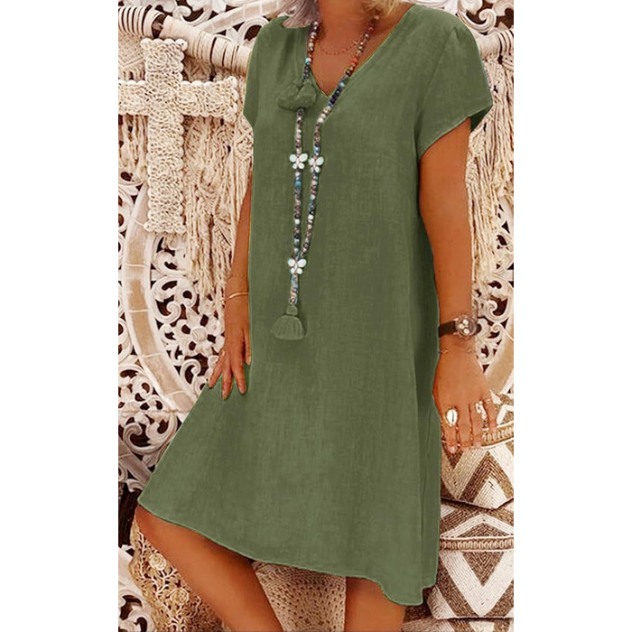Сукня Tincini Soerkleid льон, повсякденна, V-подібний виріз, трапеція, пляжна, темно-зелена, розмір XXL