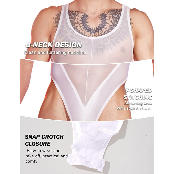 Боді для чоловіків AIEOE: прозорий боді, топ, майка, під одяг, без рукавів, труси-танга (білий)