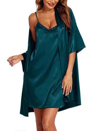 Халат та нічна сорочка Ecouaer для жінок, комплект з 2 частин, атласний, сексуальний, для вечірки/весілля, колір темно-зелений, розмір M
