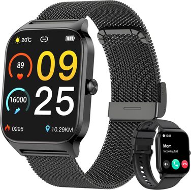 Смарт-годинник KALINCO для чоловіків та жінок з Bluetooth, вимірюванням артеріального тиску, пульсу та SpO2, AI фітнес-трекер, 100+ спортивних режимів, аналіз сну, сумісність з iOS та Android (Milano, чорний)