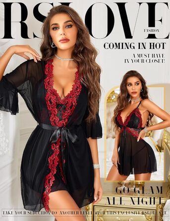 Халат жіночий мереживний RSLOVE, бандаж, babydoll, нічна сукня, чорний, винний