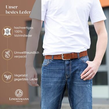 Шкіряний ремінь чоловічий LINDENMANN, натуральна шкіра, коньячний, ширина 33 мм, довжина 120 см (розмір XL)