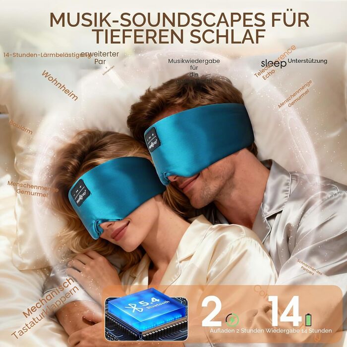 Маска для сну з Bluetooth-навушниками MUSICOZY з натурального шовку та mulberry silk, 3D затемнення, бездротові навушники для сну, комфортна для сну на боці, акумулятор 14 год, зелена