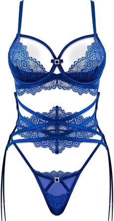 Сексуальний жіночий комплект спідньої білизни з мережива: бюстгальтер, трусики та пояс, колір нічний синій, розмір 75B