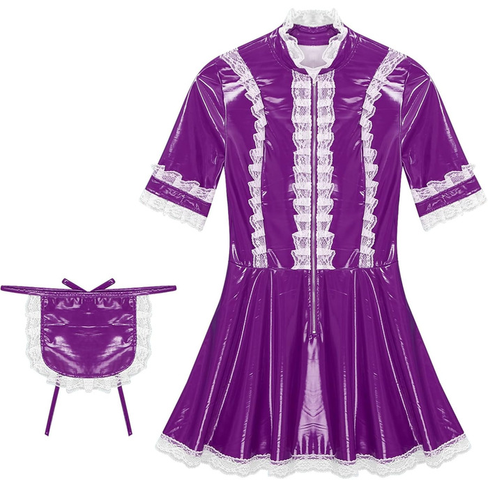 Костюм горничної MSemis: сексуальний набір нижньої білизни з ефектом мокрого блиску, готичний стиль, французький дизайн, костюм для косплею (4XL, фіолетовий)