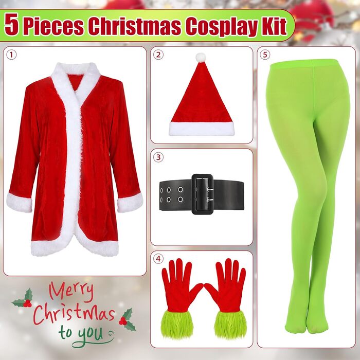 Костюм Діда Мороза Funtery для жінок, 5-ти частинний: сукня з поясом, шапка, смугасті панчохи, рукавички, жовтого та зеленого кольорів