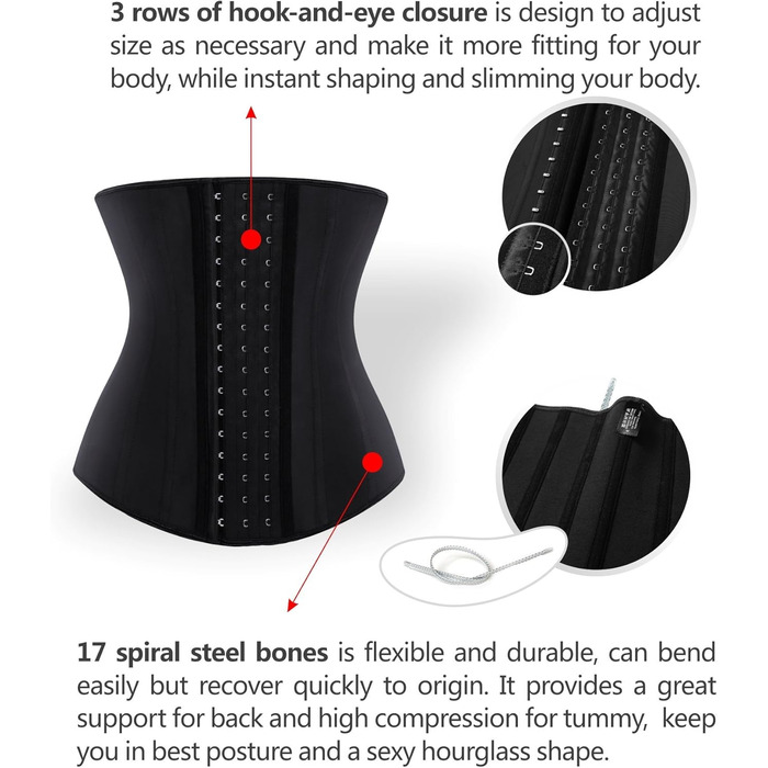 Корсет для талії YIANNA з латексу, довге тіло, під грудьми, чорний, 17 сталевих кісточок, розмір L