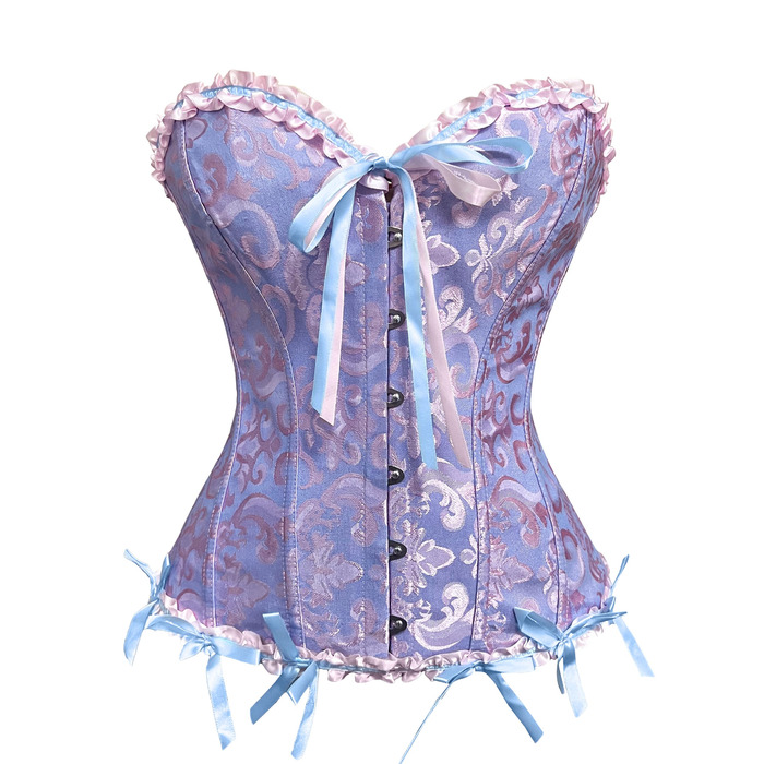 Корсет жіночий повномірний корсаж корсет топ готичний вінтажний корсаж сатиновий квітковий з кісточками бюстєль корсет топ для Хелловіну та карнавалу S-4XL блакитно-рожевий 4XL