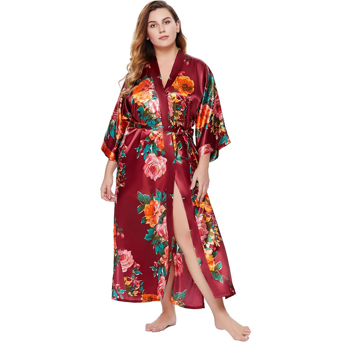 Кимоно-халат BABEYOND великого розміру з квітковим принтом, сатин, великий розмір, для вечірок, бордовий колір
