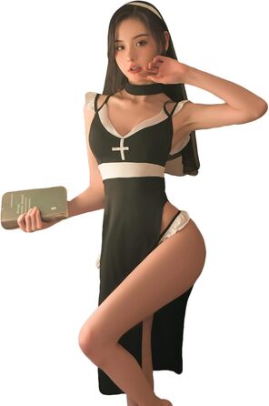 Костюм для косплею JasmyGirls: сексуальний образ черниці, дівочий, демонічний, на Хелловін. Сукня з високим розрізом, чорна, V-подібний виріз, розміри XS-M