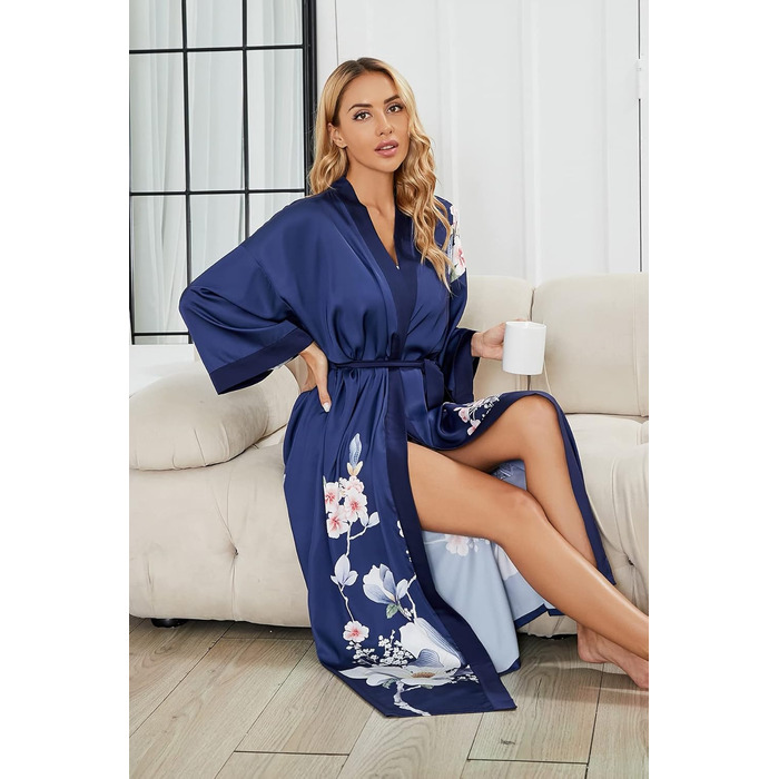 Жіночий шовковий халат-кімоно Moreone з квітковим принтом, довгий, нічна сорочка, атласний халат для нареченої та подружок нареченої (5-marine)