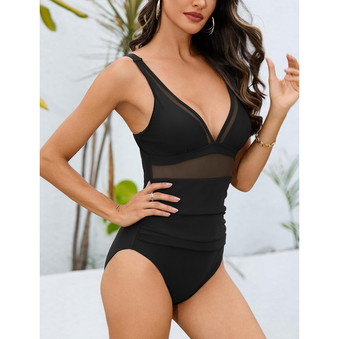 Купальник суцільний жіночий SEAUR з ефектом корекції фігури, V-подібний виріз, рюші, чорний, розмір XL