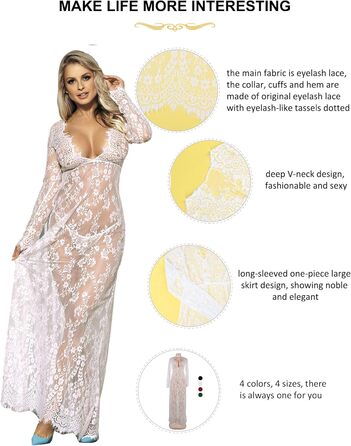 Сукня для вагітних ComeOnDear з мереживом, довга, з довгим рукавом, V-подібний виріз, прозора, неймовірна, з G-String (3XL-4XL, Білий)
