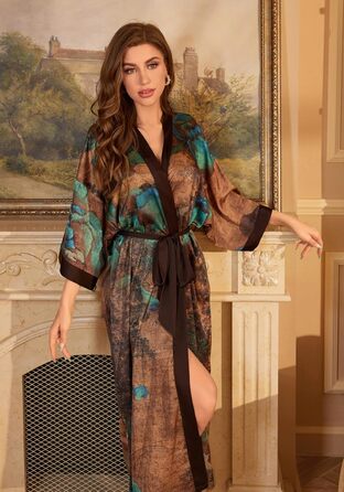 Легкий жіночий халат з атласу: сексуальний кімоно, сауна, ванна, спа. Колір: коричневий (Весняне Долина). Єдиний розмір.