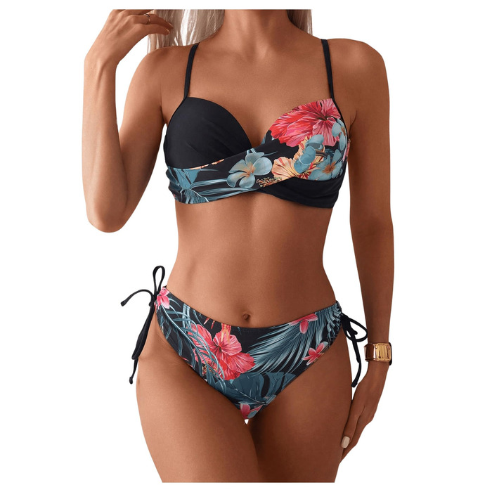 Бікіні GORGLITTER з пуш-ап, двочастинний купальник, тропічний стиль, чорний, XL