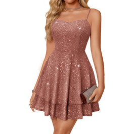 Сукня вечірня бальна для підлітків Meetjen, з бретелями, на вечірку, коротка, V-подібний виріз, силует А, сукня для випускного (S, Рожева)