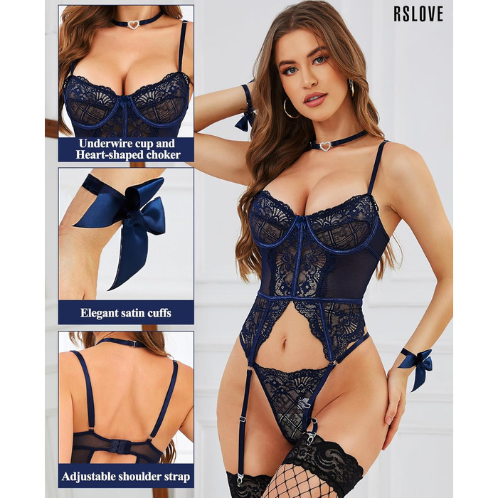 RSLOVE Комплект сексуальної білизни з мережива для жінок - 4-частинний комплект: бюстгальтер з кісточками, стрінги, мереживний халат та ремінець. Білий (L, Морський блакитний)