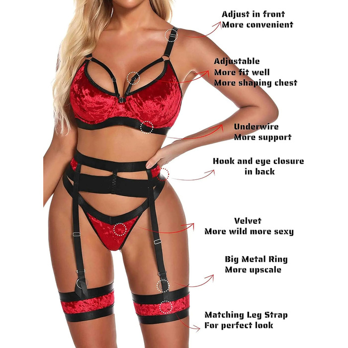 Жіночий комплект спідньої білизни Aranmei: готичний набір з 4 частин (бра, трусики, стрінг, пояс для панчіх), червоний велюр
