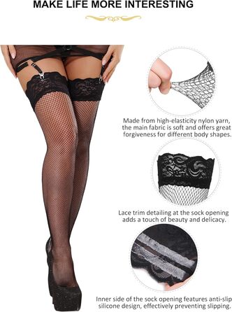 Чорні мереживні панчохи з широким поясом та шорстками на плечах, розмір XS-S