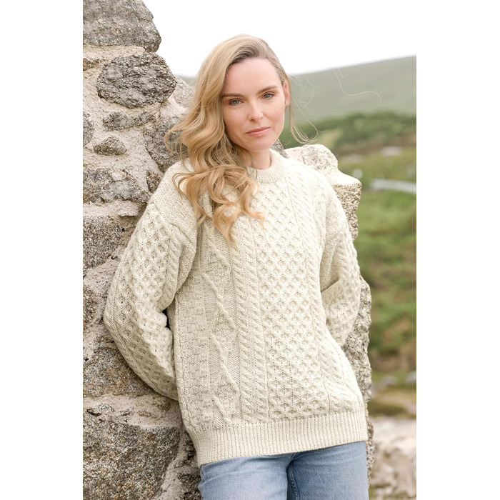 Свитер Aran Craft Iricher з круглим вирізом, 100% чиста шерсть, чорний (XXL, Ecru)