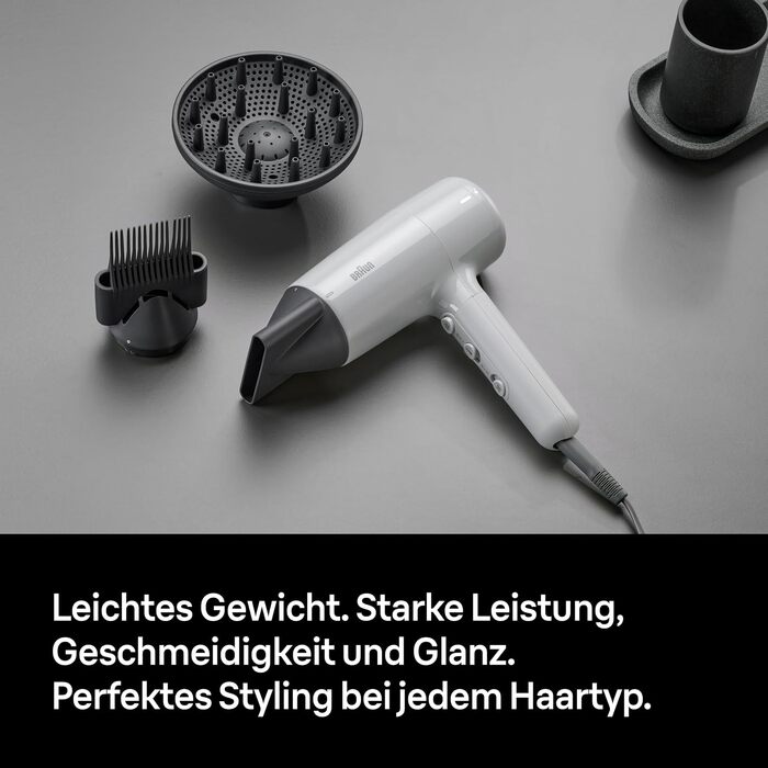 Фен для волосся Braun Haartrockner HD4.2 (BRHD235E) з дифузором та вузьким соплом, технологія Super IONTEC, 2100 Вт, 3 режими температури та швидкості, чорно-сірий