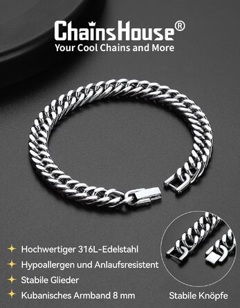 Чоловічий сталевий браслет-ланцюг Panzer від ChainsHouse, сріблястий, ширина 8 мм, довжина 23 см — стильний аксесуар у подарунковій коробці