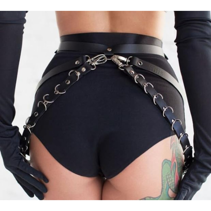 Чорний шкіряний ремінь-пояс та набір на ногу з петлями від CAZEOUU - стильна пов'язка для жінок, ідеальна для клубів та вечірок