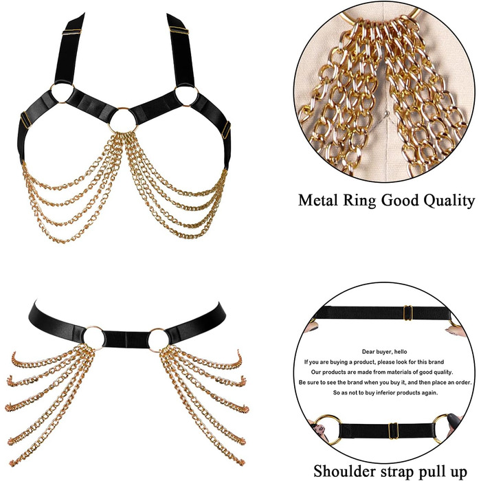 Ланцюжок на тіло BANSSGOTH для жінок: повний каркас, регульований, великі розміри, стрічки, готичний стиль, еластична тканина, на Хелловін, рейв, чорний