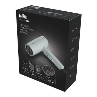 Фен для волосся Braun Haartrockner HD4.2 (BRHD235E) з дифузором та вузьким соплом, технологія Super IONTEC, 2100 Вт, 3 режими температури та швидкості, чорно-сірий