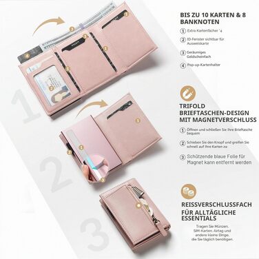 Шкіряний картхолдер VULKIT з RFID-захистом, Pop-Up гаманець з відділенням для купюр, монетницею та вікном для ID (Рожевий)