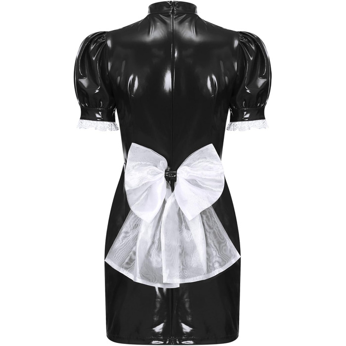 Костюм покоївки Inhzoy з ефектом вологого блиску, мереживо, шкіра, чорний. Комплект: сукня та фартух. Ідеально для карнавалу, косплею, вечірок. Розмір XXL